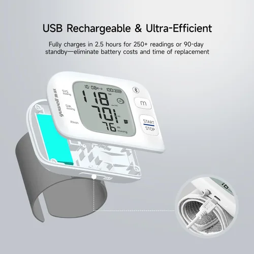 Vista 4 de yuwell Monitor inteligente de presión arterial de muñeca con Bluetooth Grado médico, máquina BP para uso doméstico Peso ultraligero, puño