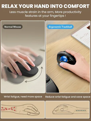 Vista 3 de MAM1 Pro - Ratón inalámbrico de Trackball, ergonómico Bluetooth recargable, mouse de pulgar retroiluminado con 5 niveles DPI, ángulo ajustable