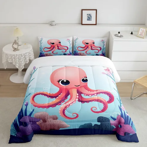 Vista 20 de Erosebridal Juego de edredón de ballena náutica, tamaño individual, juego de ropa de cama vintage azul con ondas oceánicas para niños y niñas