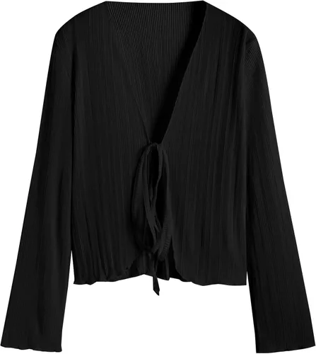 Vista 6 de ZAFUL Blusa plisada de manga larga con cuello en V profundo y lazo frontal para mujer