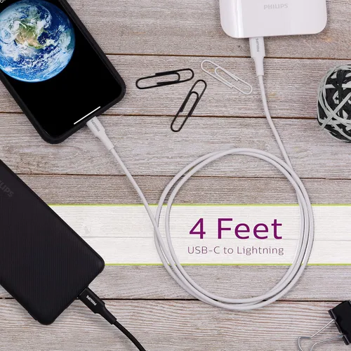 Vista 3 de Philips Cable USB C a Lightning, cable de carga de iPhone de 4 pies para las series 14/13/12, cargador de Airpod Pro, cables de carga Lightning