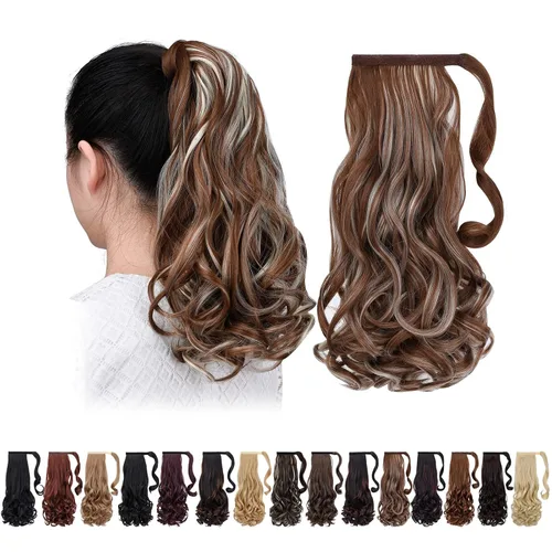 Vista 45 de Extensiones de cola de caballo negras, colas de caballo rizadas con clip, 22 pulgadas, 3.5 onzas, extensión de cabello sintético envolvente del pelo