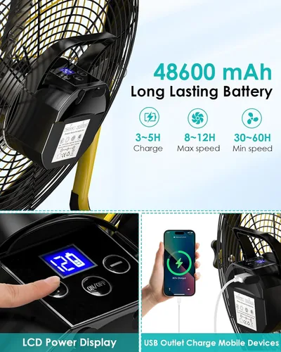 Vista 10 de ZHULI Ventilador solar de 14 pulgadas, ventilador de piso con batería Ventilador L amarillo de 14