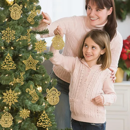 Vista 2 de Adorno de copo de nieve dorado para decoración de árbol de Navidad, 42 piezas de plástico con purpurina dorada, calcetín de copos de nieve dorados