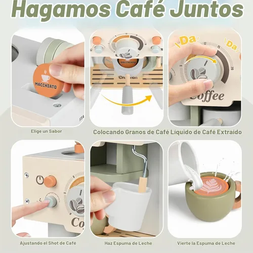Vista 4 de Cafetera de juguete, accesorios de cocina de madera para niños, juego de simulación, verde