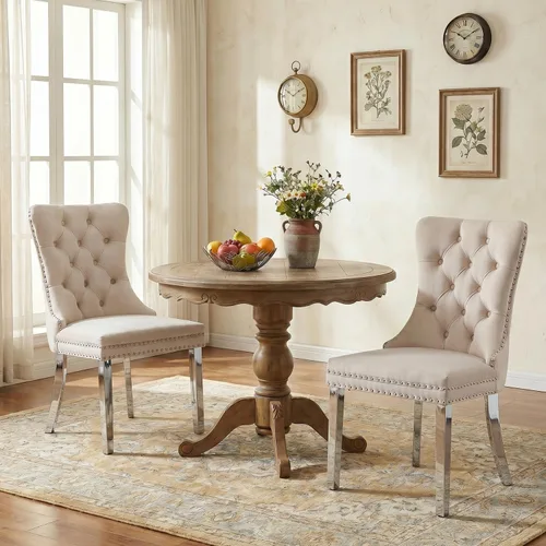 Vista 162 de SoarFlash Juego de 2 sillas de comedor de terciopelo, silla lateral de respaldo alto, silla lateral moderna tapizada de alta gama con botones Beige