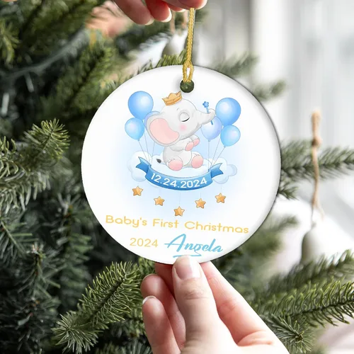 Vista 6 de Adornos personalizados para la primera Navidad del bebé 2024 con nombre y texto, adorno de elefante personalizado para bebés recién nacidos