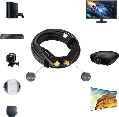 Vista 4 de DTech Cable HDMI de fibra óptica de 25 pies 4K 60Hz YUV 444 18Gbps Ultra HD con doble conector micro a estándar cable HDMI para proyector de TV