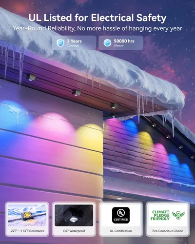 Vista 5 de ASAHOM Luces permanentes para exteriores Pro, 400 pies con 288 LED RGBCW y doble salida, integración WLED, iluminación AI, combinación de 30,000