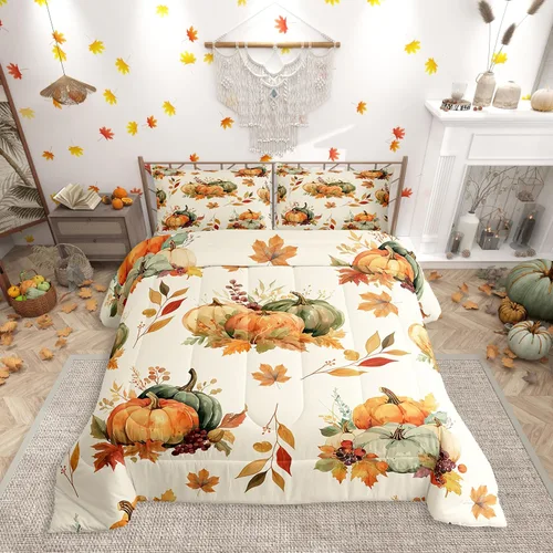 Vista 11 de Erosebridal Juego de edredón individual de pavo de Acción de Gracias, juego de ropa de cama de calabaza con hojas de otoño para niños y adultos