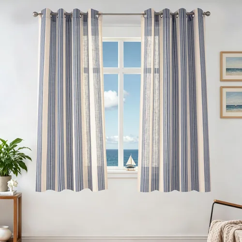 Vista 77 de DriftAway Cortinas de estilo granja con rayas verticales de lino mezclado texturizado con filtro de luz semitransparente para sala de estar