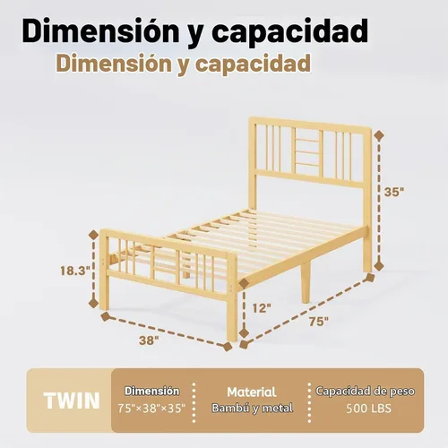 Vista 2 de Marco de cama de madera de bambú de 12 pulgadas con cabecero y estribo, marco de cama con soporte de listones de metal, resistente, no necesita