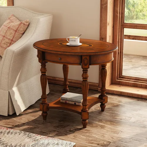Vista 16 de Mesa auxiliar ovalada de madera con cajón y estante de almacenamiento, 22 x 28" blanco antiguo con cajón-cjz