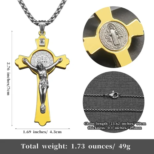 Vista 3 de Anwlki Collar de crucifijo de San Benito, medalla de San Benito, cruz bendiga seguridad, colgante religioso para hombres, mujeres, familia, padres