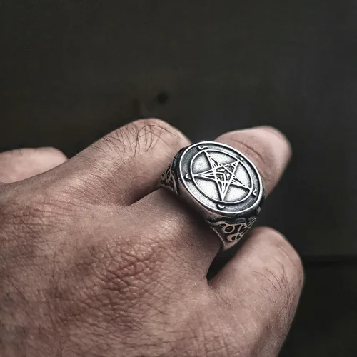 Vista 5 de Anillo de sello vintage para hombre, anillo de pentagrama, anillo de acero inoxidable de Baphomet, anillo gótico satánico, anillo punk