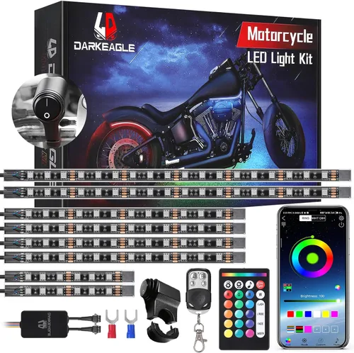 Vista 15 de 8 kits de luces LED RGB segmentadas para motocicleta con control remoto APP/RF, luces subterráneas multicolor con señal de giro de freno, tira