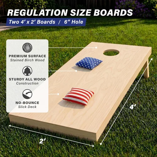 Vista 3 de GoSports 4 ft x 2 ft Regulation Size Wooden Cornhole Boards Set with Natural Wood Stain Finish - Includes Carrying Case