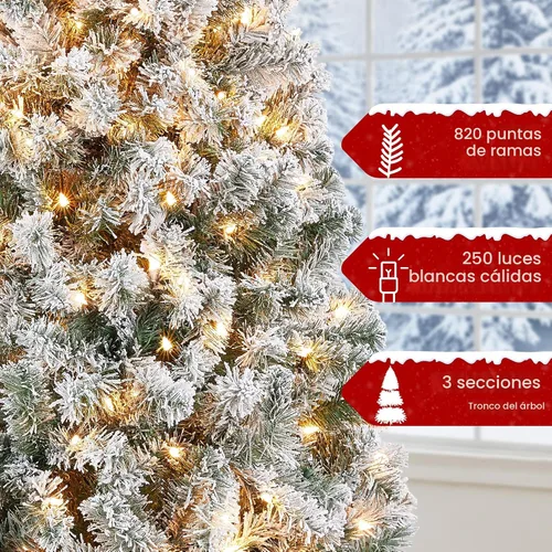 Vista 8 de Yaheetech - Árbol artificial de Navidad de 6 pies con flecos nevados preiluminado con 250 luces blancas cálidas, 820 puntas de ramas exuberantes