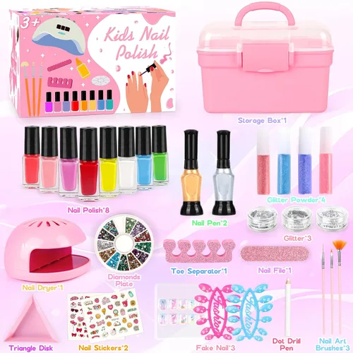 Vista 7 de Juego de Esmalte de Uñas para Niñas, Kit de Arte de Uñas con Secador de Uñas y Estuche de Almacenamiento, Esmalte de Uñas No Tóxico de Secado Rápido