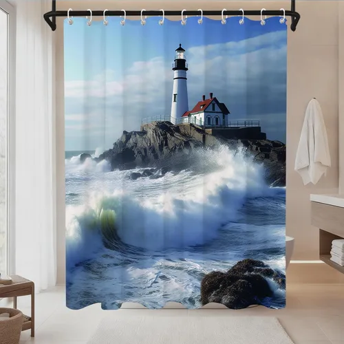 Vista 8 de Cortina de ducha con diseño de océano azul, faro, náutico, costero, escénico, naturaleza, rock, blanco, juego de decoración de baño, lavable a