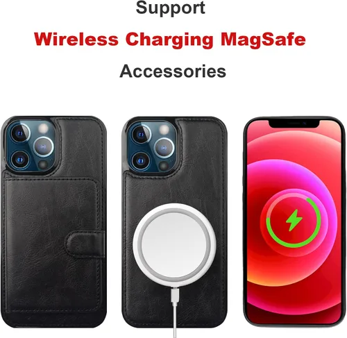 Vista 4 de Bocasal Funda tipo cartera para iPhone 13 Pro Max compatible con MagSafe magnético RFID bloqueo desmontable de piel sintética de alta calidad