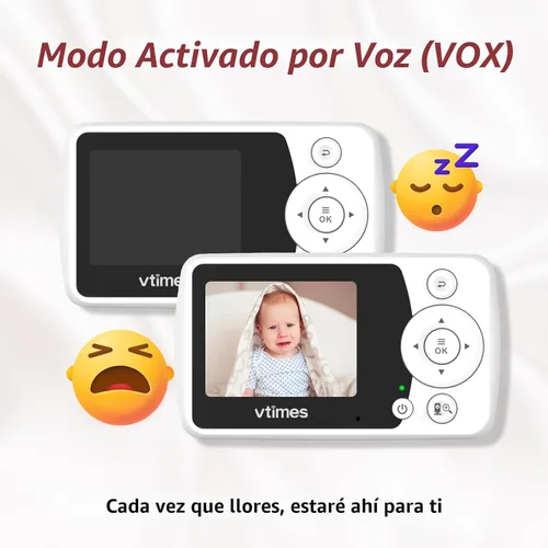 Vista 5 de VTimes Monitor de bebé con cámara y audio, monitor de video para bebé, sin wifi, visión nocturna, pantalla LCD de 2.4", monitor de cámara portátil