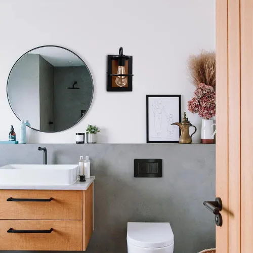 Vista 8 de Apliques de pared estilo granja, iluminación de pared industrial moderna en interior con base E26 color madera falso acabado negro mate, lámpara