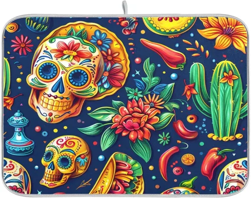 Vista 65 de Tapete de secado de platos de primavera naranja con flor de amapola para encimera de cocina, tapete escurridor absorbente de microfibra, tapete