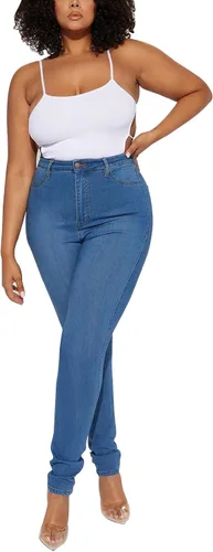 Vista 27 de KUNMI - Pantalones de mezclilla clásicos de cintura alta para mujer, elásticos, con efecto de levantamiento de glúteos, ajustados
