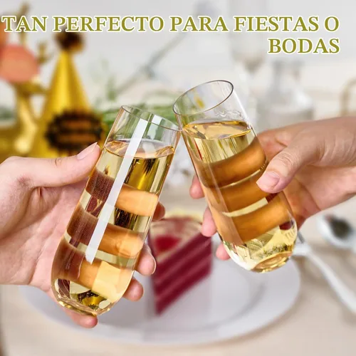 Vista 7 de FOCUSLINE Paquete de 24 Copas de Champán de Plástico Transparente de 9 Oz, Copas de Champán de Plástico Sin Tallo Transparentes, Vasos para Brindis