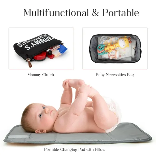 Vista 5 de printe Bolsa de pañales grande de 6 piezas con cambiador y 2 bolsas organizadas, bolsa de mamá para hospital con funda para chupete, correas, gancho