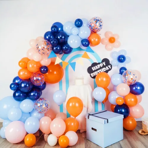 Vista 3 de Paquete de 141 globos azules y naranjas, kit de guirnalda de globos azul marino con globos de confeti naranja claro pastel, decoración de fiesta