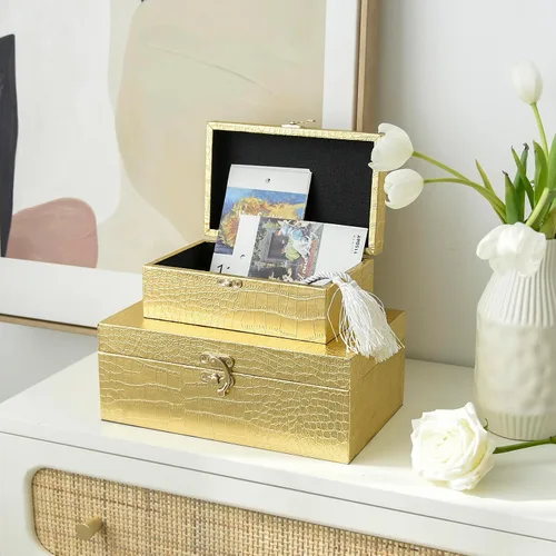 Vista 2 de Juego de 2 cajas de almacenamiento decorativas de madera, cuero de cocodrilo dorado con cierre para el hogar, cocina, sala de estar, regalo ideal