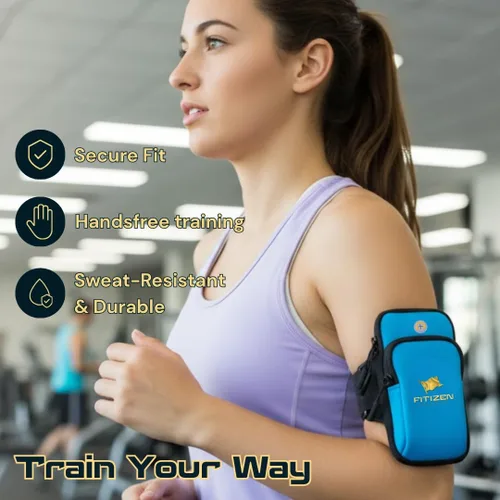 Vista 2 de Fitizen - Brazalete de teléfono para correr, color azul cielo, ajustable, resistente al agua, para iPhone y Android, para el ciudadano activo