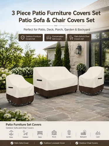 Vista 3 de Juego de fundas para muebles de patio de 3 piezas, 2 fundas para sillas de patio de 33 pulgadas y 1 funda de sofá de 3 plazas de 79 pulgadas