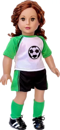 Vista 3 de Soccer Girl - Traje de fútbol de 4 piezas - Camisa, pantalones cortos, calcetines y zapatos - Ropa para muñecas de 18 pulgadas (toll no incluido)