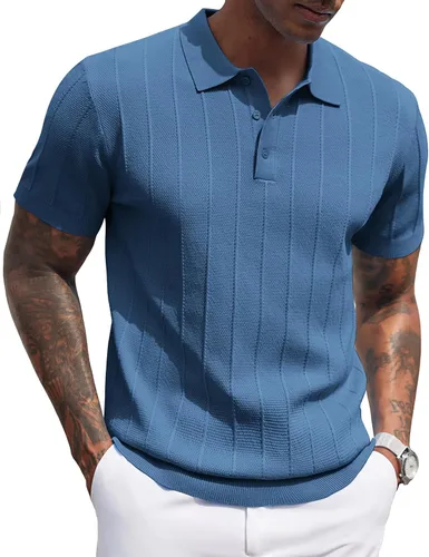 Vista 91 de COOFANDY Camisas polo de punto para hombre de manga corta con textura acanalada Camisas de golf casuales y ligeras con cuello Camiseta de polo