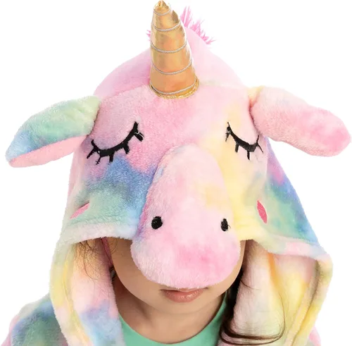 Vista 4 de Albornoz de unicornio con capucha para los ojos, bolsa, pantuflas y diadema