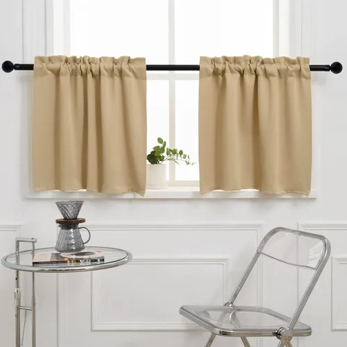 Vista 50 de Pickluc Cortina opaca de cocina de 20 pulgadas de largo, con bolsillo para barra, cortinas para ventanas pequeñas en sala de estar, sótano Beige
