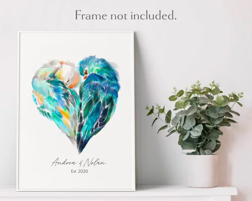 Vista 3 de Triple Studio Regalo de boda personalizado, impresión artística de pájaro con nombre y fecha personalizados, celebración de aniversario para novio
