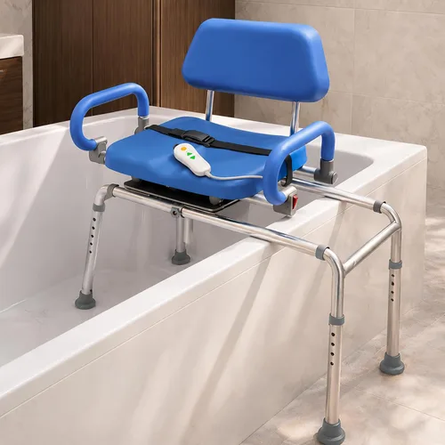 Vista 10 de Banco de transferencia deslizable para ducha con asiento giratorio Carousel, bariátrico, acolchado premium con apoyabrazos giratorios, alta Azul