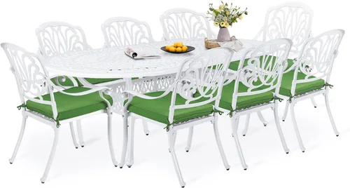 Vista 18 de Juego de comedor de patio de 9 piezas, mesa y sillas de patio al aire libre, mesa de comedor ovalada de aluminio fundido de 84 pulgadas con agujero