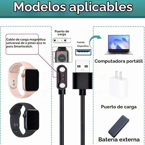 Vista 2 de 2 cargadores de reloj inteligente, cable de carga USB magnético de 2 pines de 0.112 in, cable de carga de repuesto compatible con Letsfit, YAMAY