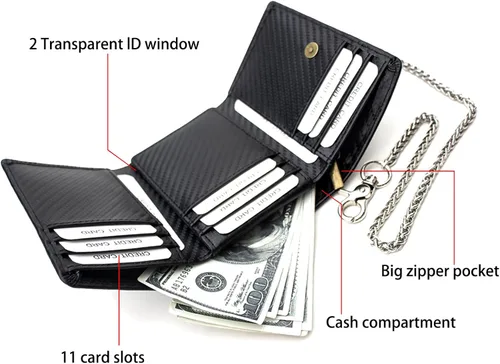 Vista 2 de boshiho Carteras de cuero auténtico con bloqueo RFID para hombre, billetera de doble pliegue con bolsillo para monedas con cremallera, con cadena