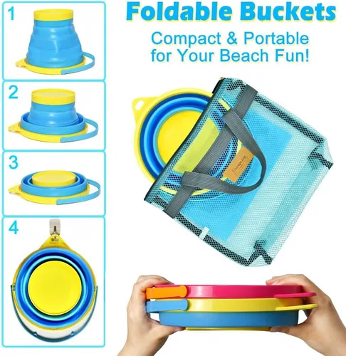 Vista 2 de Juguetes de playa plegables para niños y bebés, juego de cubos de arena y palas plegables con bolsas de malla y moldes de arena, juguetes de arena