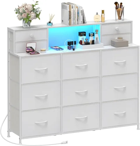 Vista 9 de Cómoda negra con estación de carga y luces LED de 13 cajones, cómodas para dormitorio, cómodas largas y baúles de cajones para sala de estar