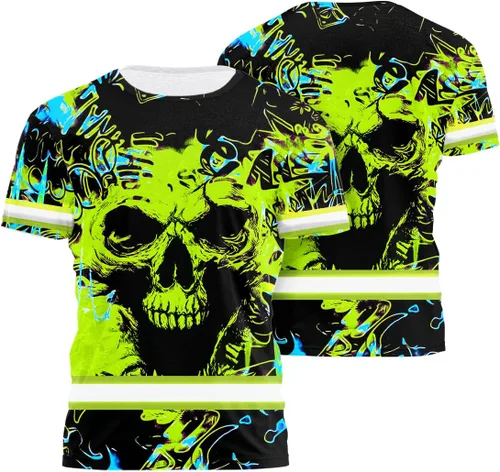 Vista 16 de Camisa de alta visibilidad de calavera con bandera de Estados Unidos para hombres, camisas de seguridad con nombre personalizado, ropa de trabajo