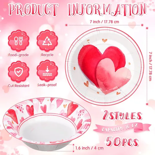 Vista 2 de Sliner 50 cuencos de papel desechables de 16 onzas para el día de San Valentín, 2 estilos, cuenco de sopa compostable con corazón rosa, recuerdo