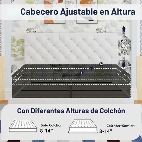 Vista 5 de BarnFurin Marco de cama tamaño completo con cabecero, cama de plataforma tapizada con cabecero acolchado con botones ajustables, marco de cama