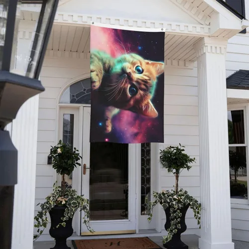 Vista 7 de Bandera de jardín impresa con diseño de gato y galaxia de 3 x 5 pies, bandera para exteriores, bandera de brisa, banderas a prueba de decoloración